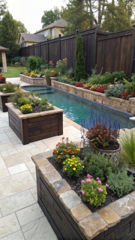Raised planters in backyard landscaping