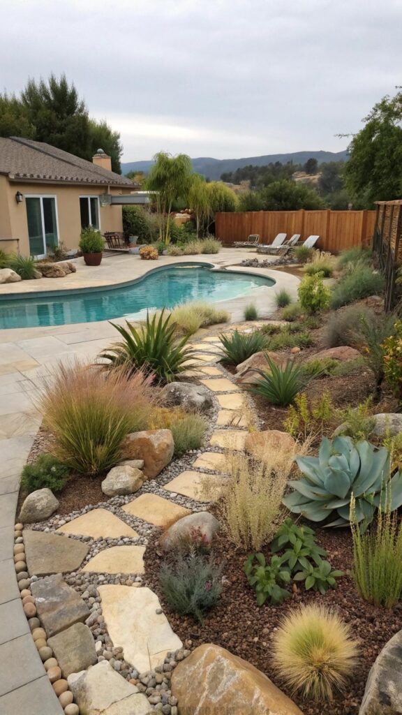 Xeriscape drought-tolerant landscaping around pool