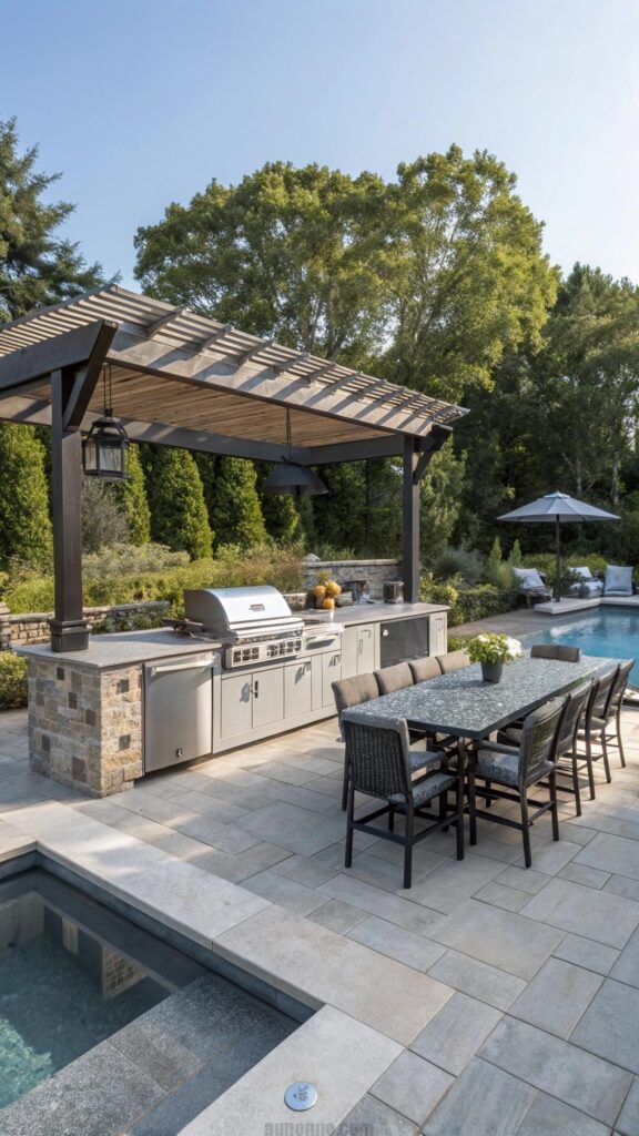 Outdoor kitchen and dining setup