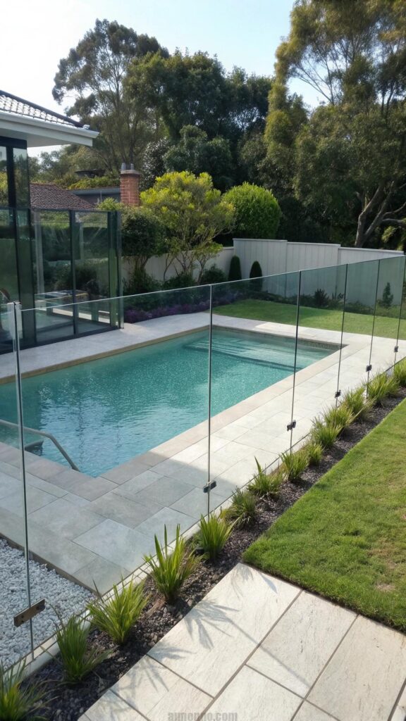 Glass fencing around pool area