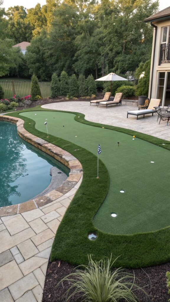 Backyard putting green near pool