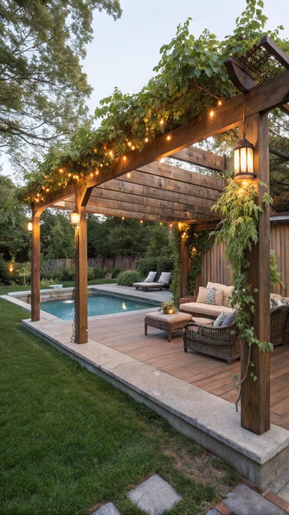 Backyard pergola with pool