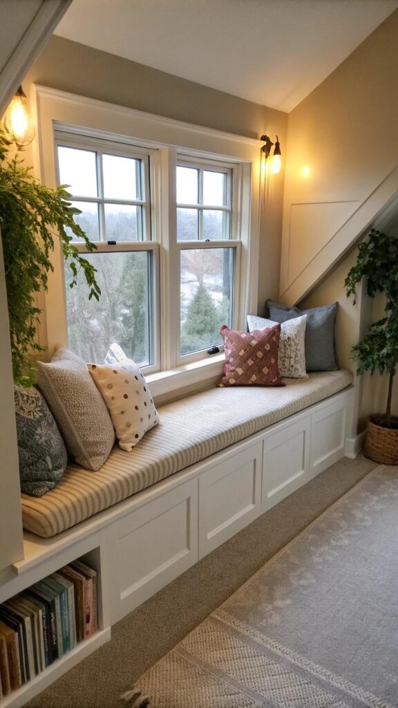 Cozy window seat with cushions