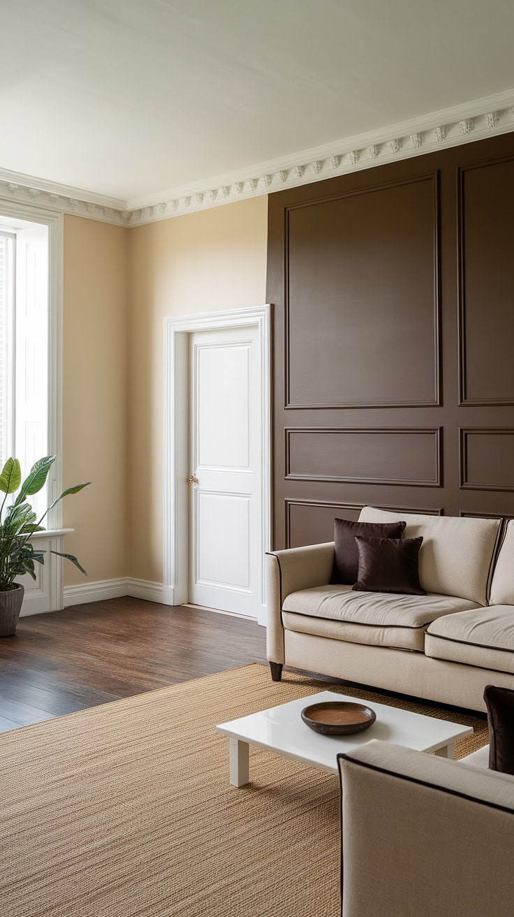 Dark faux wainscoting wall in a living room