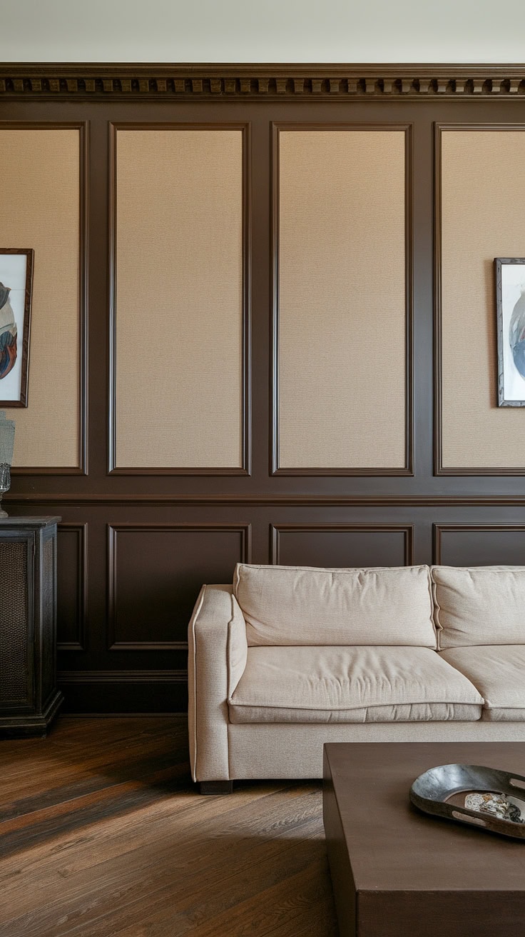 Bedroom with dark faux wainscoting walls