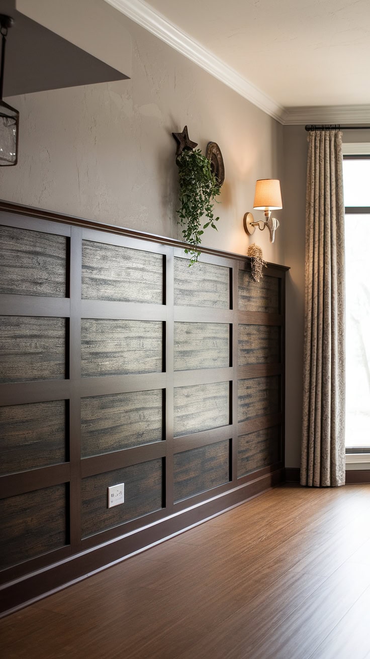 Dark brown wood paneling complemented by light grey painted walls