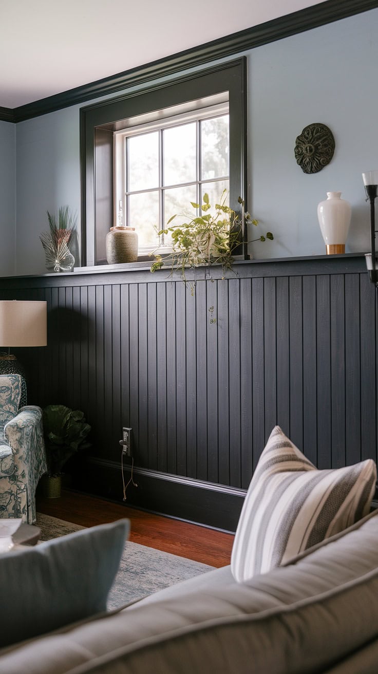 Elegant dark wainscoting walls in living room