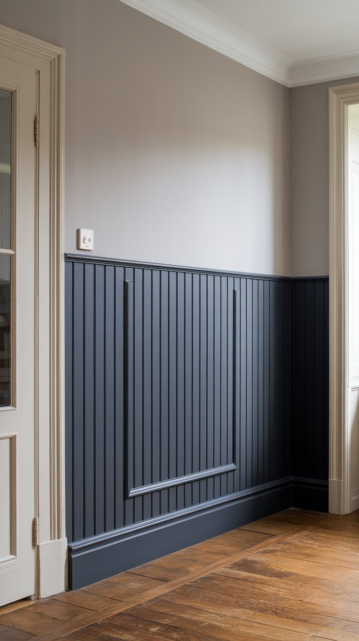 Modern living room with dark grey faux wainscoting