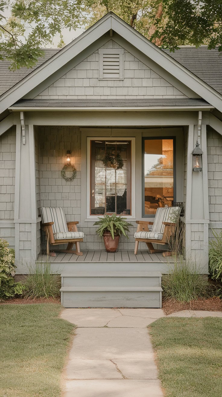 Cozy ranch-style front porch with potted plants and lantern
