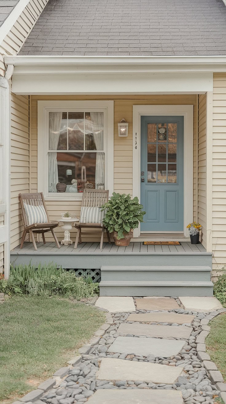 Rustic open front porch with charming decor on ranch-style home