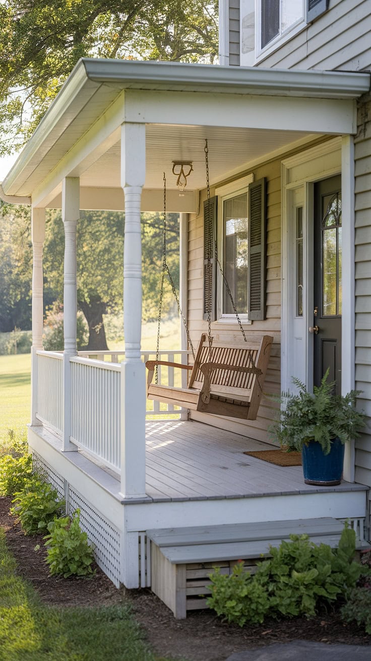 Cozy front porch with a wooden swing and natural decor accents