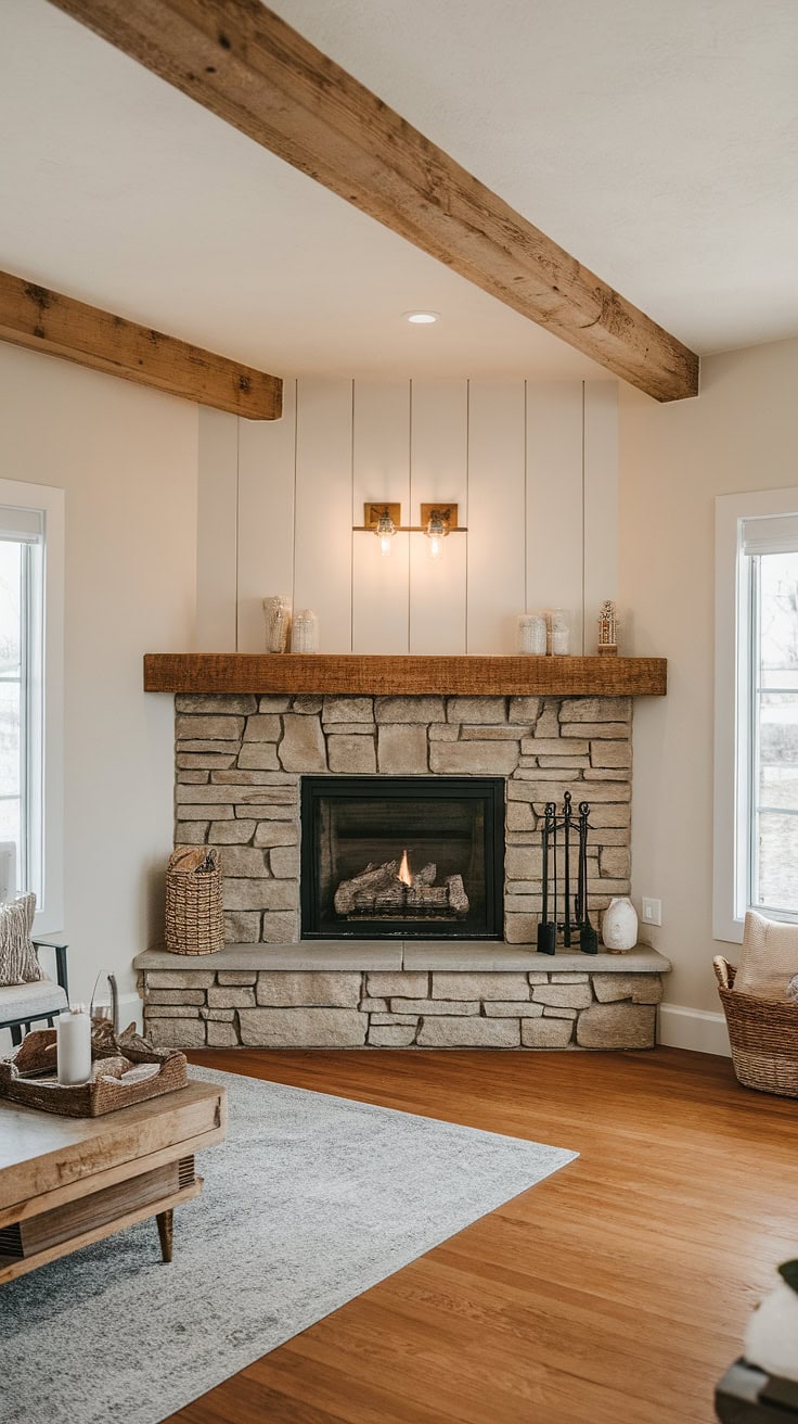 Corner Fireplace in Farmhouse Living Room