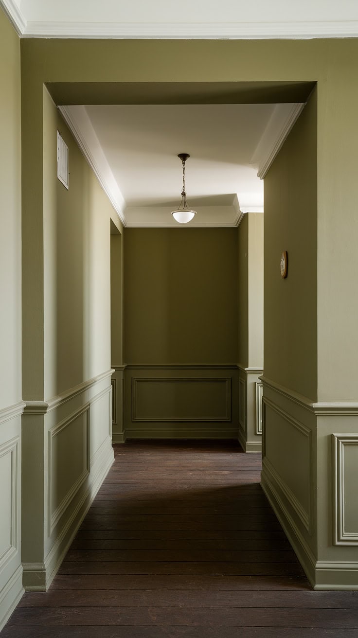 Olive Green Hallway with Dark Wood Floor