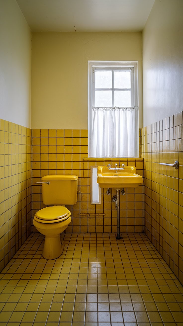 Retro yellow bathroom with white walls