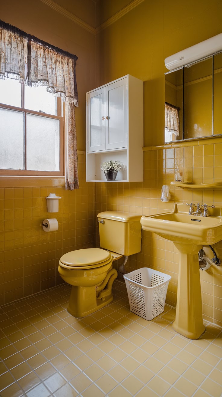 Cheerful yellow tile bathroom with window