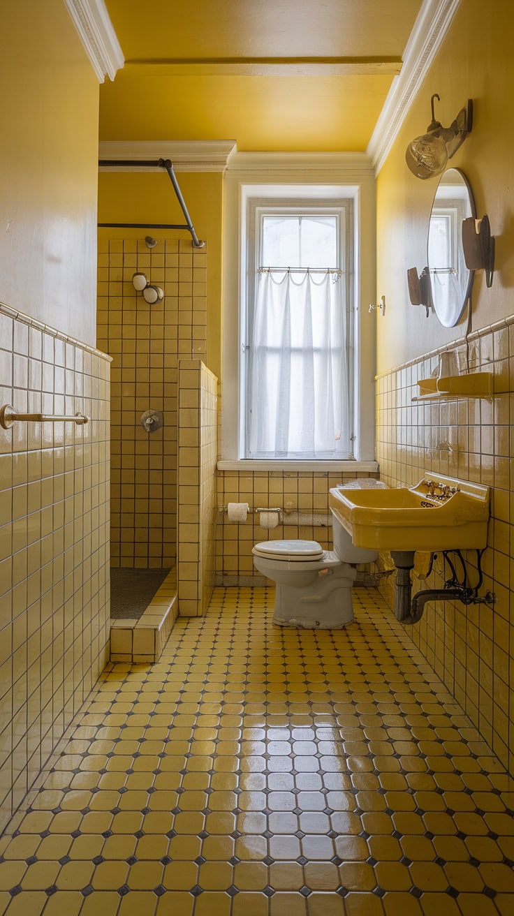 Retro yellow bathroom with green accents