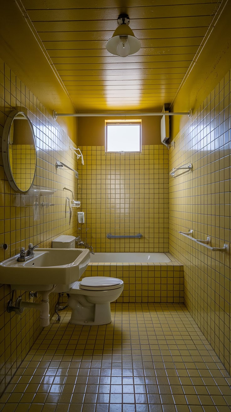 Bright yellow bathroom with white accents