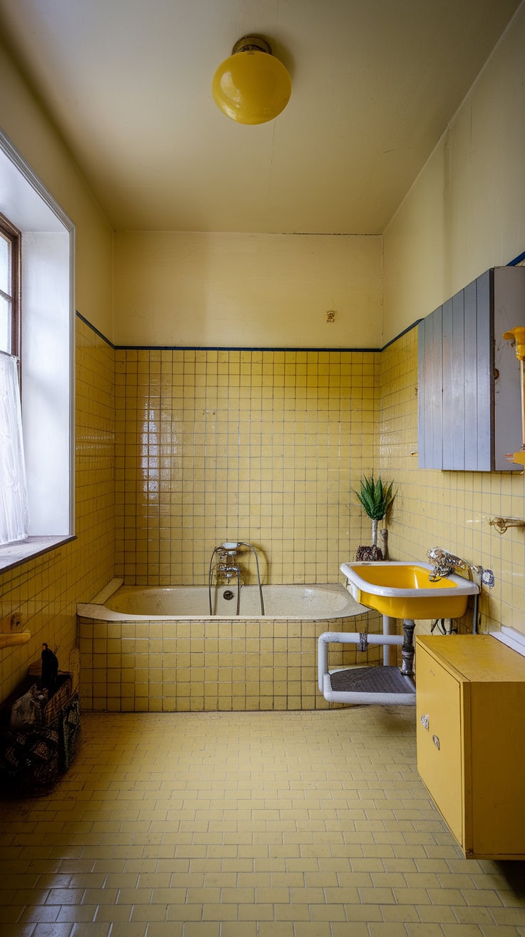 Vintage yellow bathroom with greenery