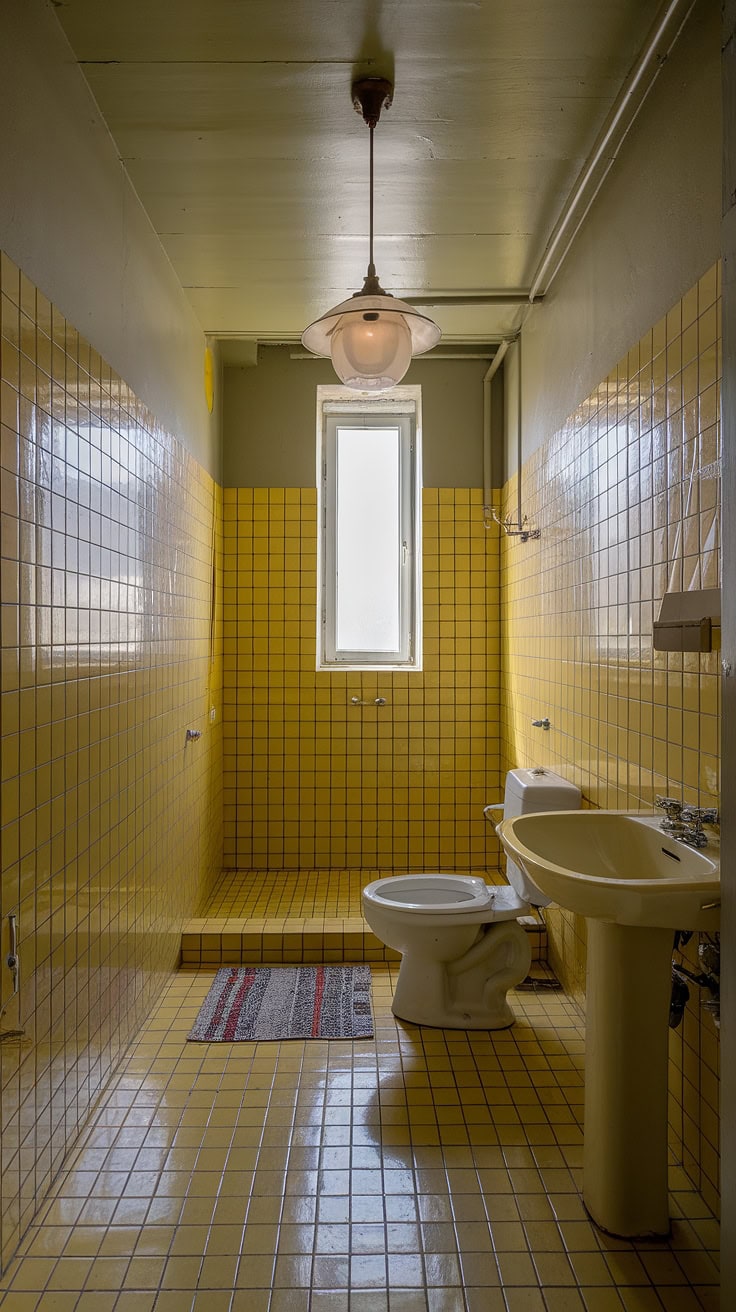 Vintage tub with yellow tile bathroom