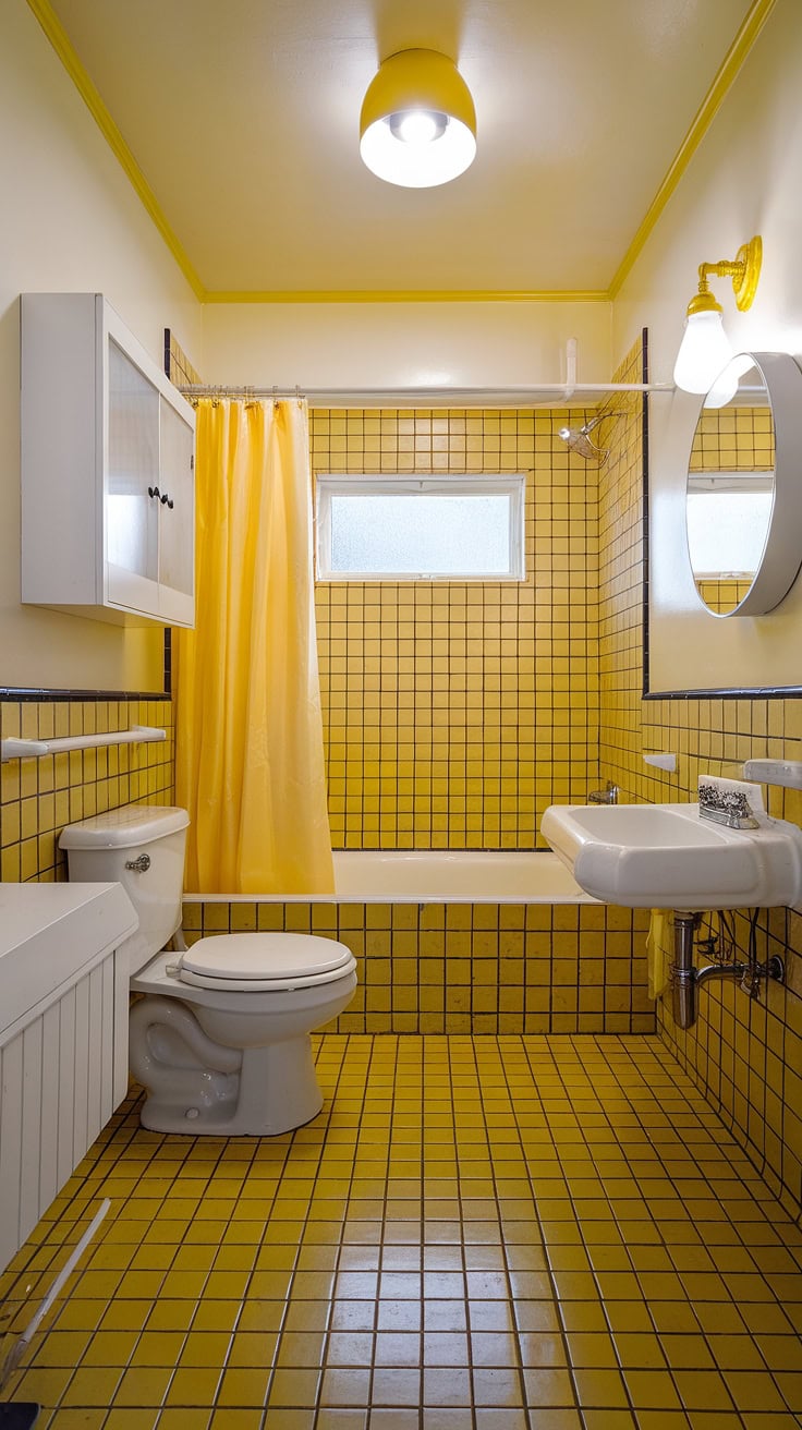 Retro yellow tile bathroom with modern comfort
