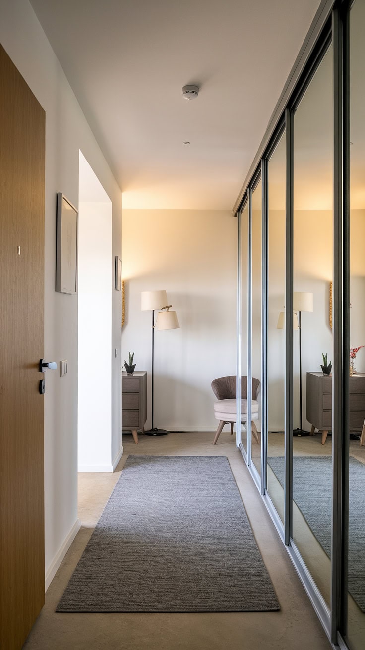 Minimalist wooden door hallway with corridor mirror and floor lamp