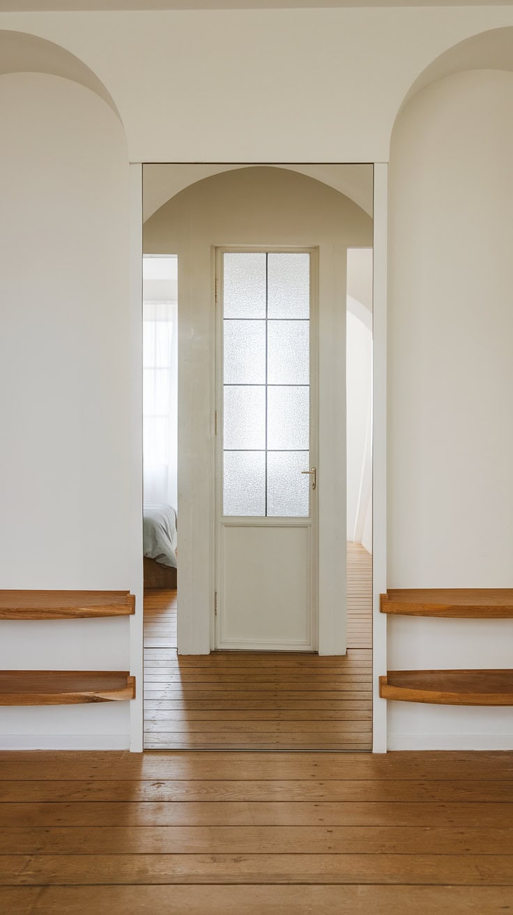 Minimalist hallway with wooden floors and corridor mirror wall