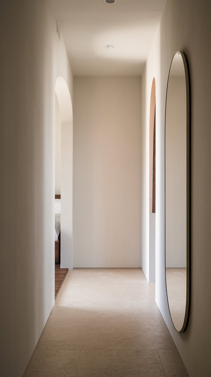 Minimalist hallway with light grey walls and beige tile floor