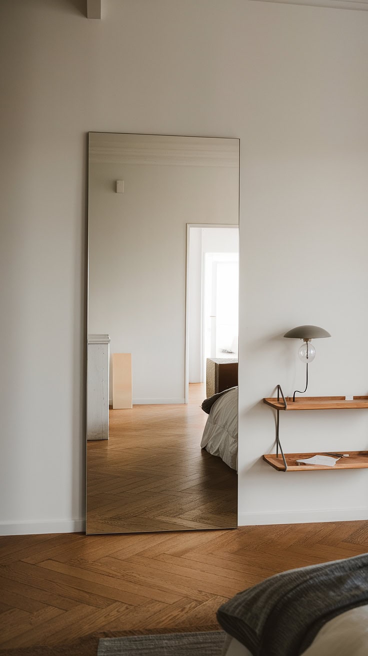 Hallway mirror wall with wooden shelf and lamp