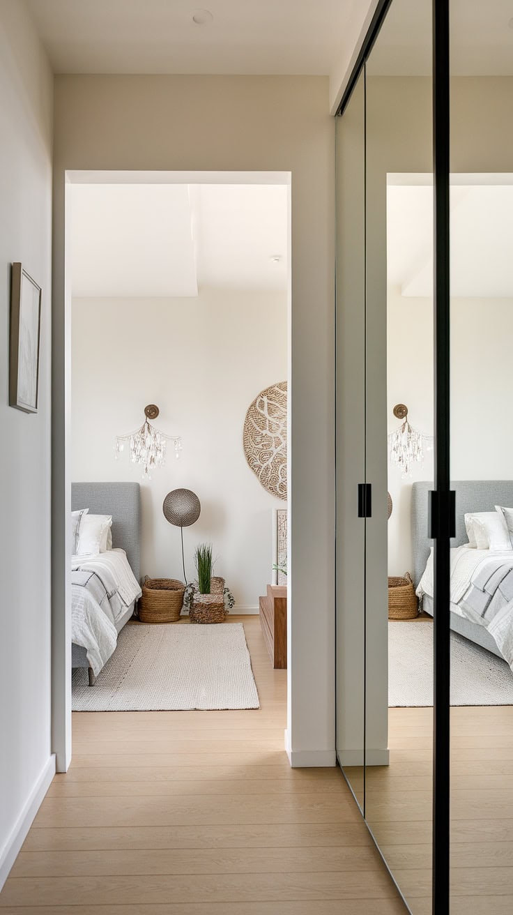 Hallway with light hardwood floors and mirror wall