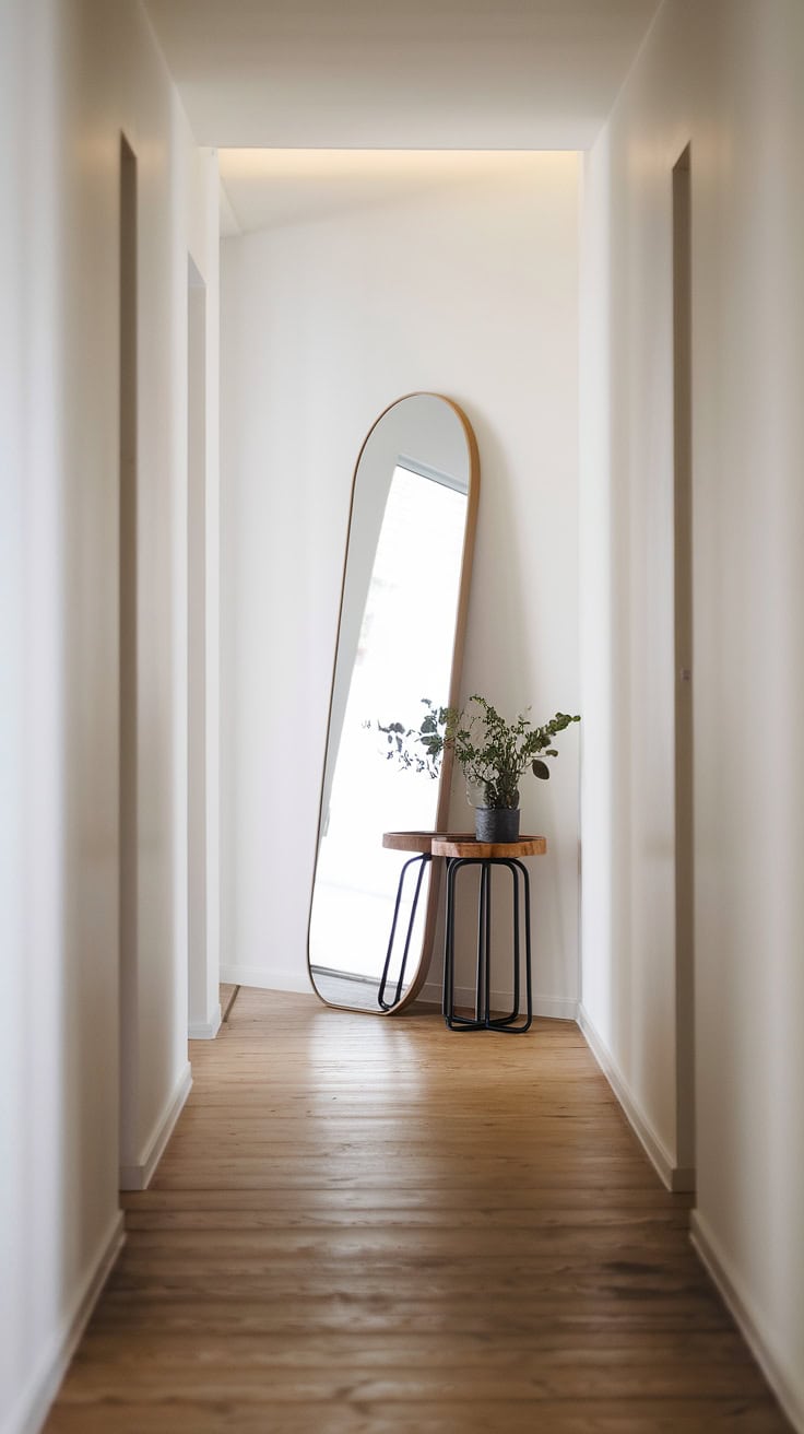 Large hallway mirror wall in minimalist bedroom entrance