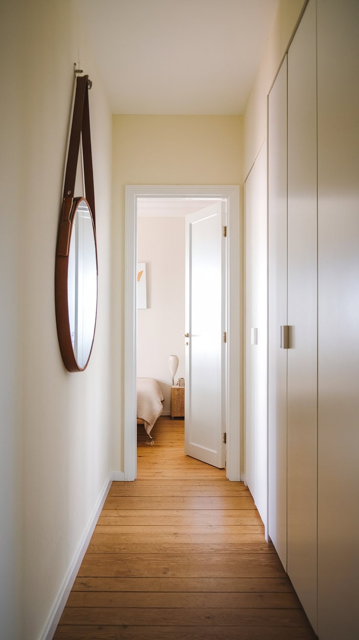 Minimalist hallway with serene bedroom entrance and mirrored wall