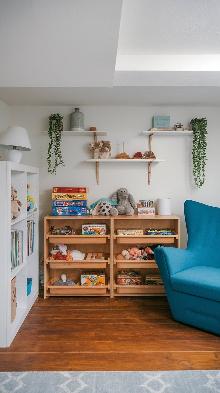 Shelves filled with toys and books