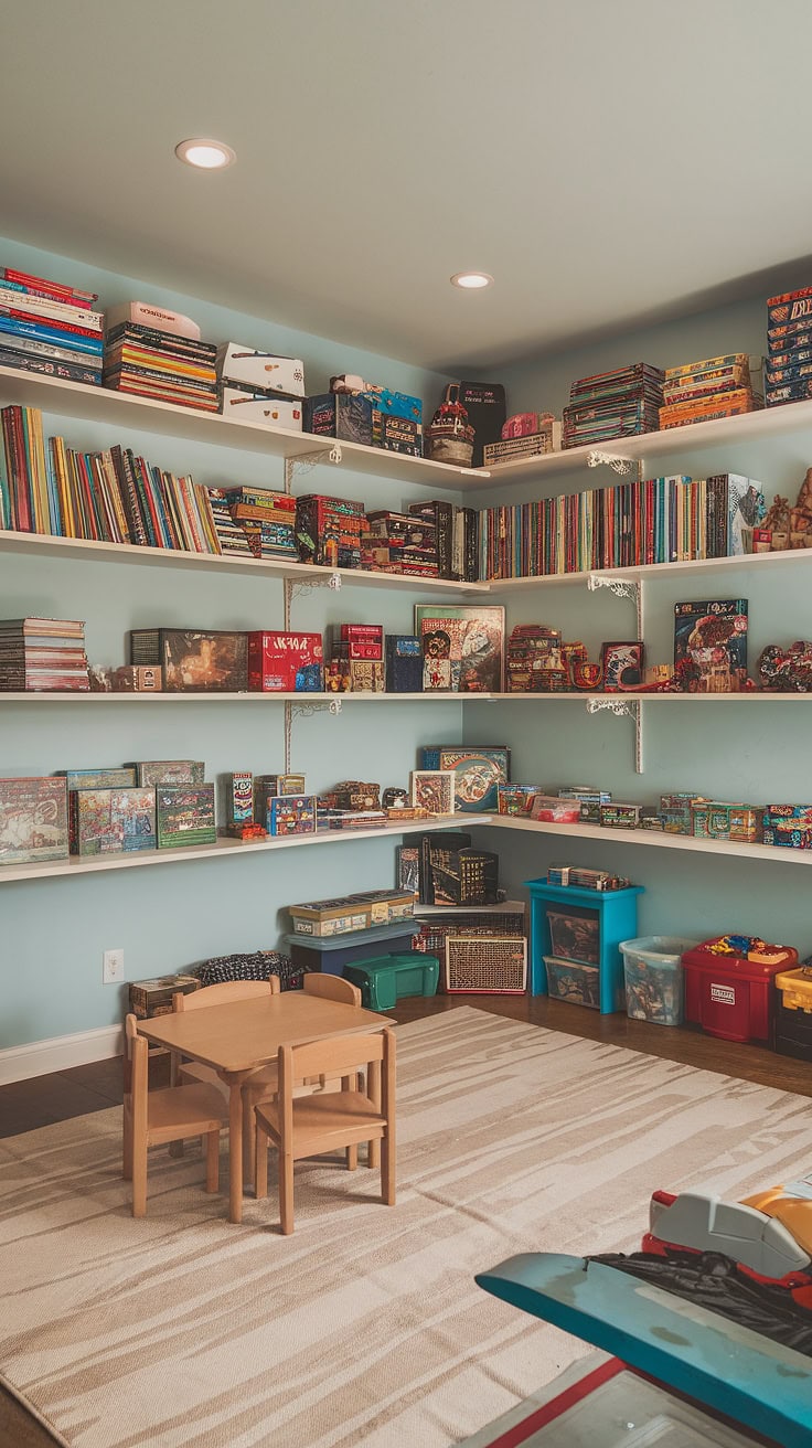 Basement playroom with creative toy storage