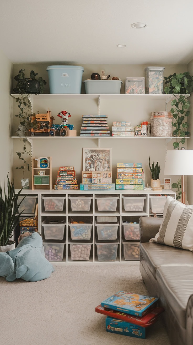 Child-friendly basement playroom with organized bins
