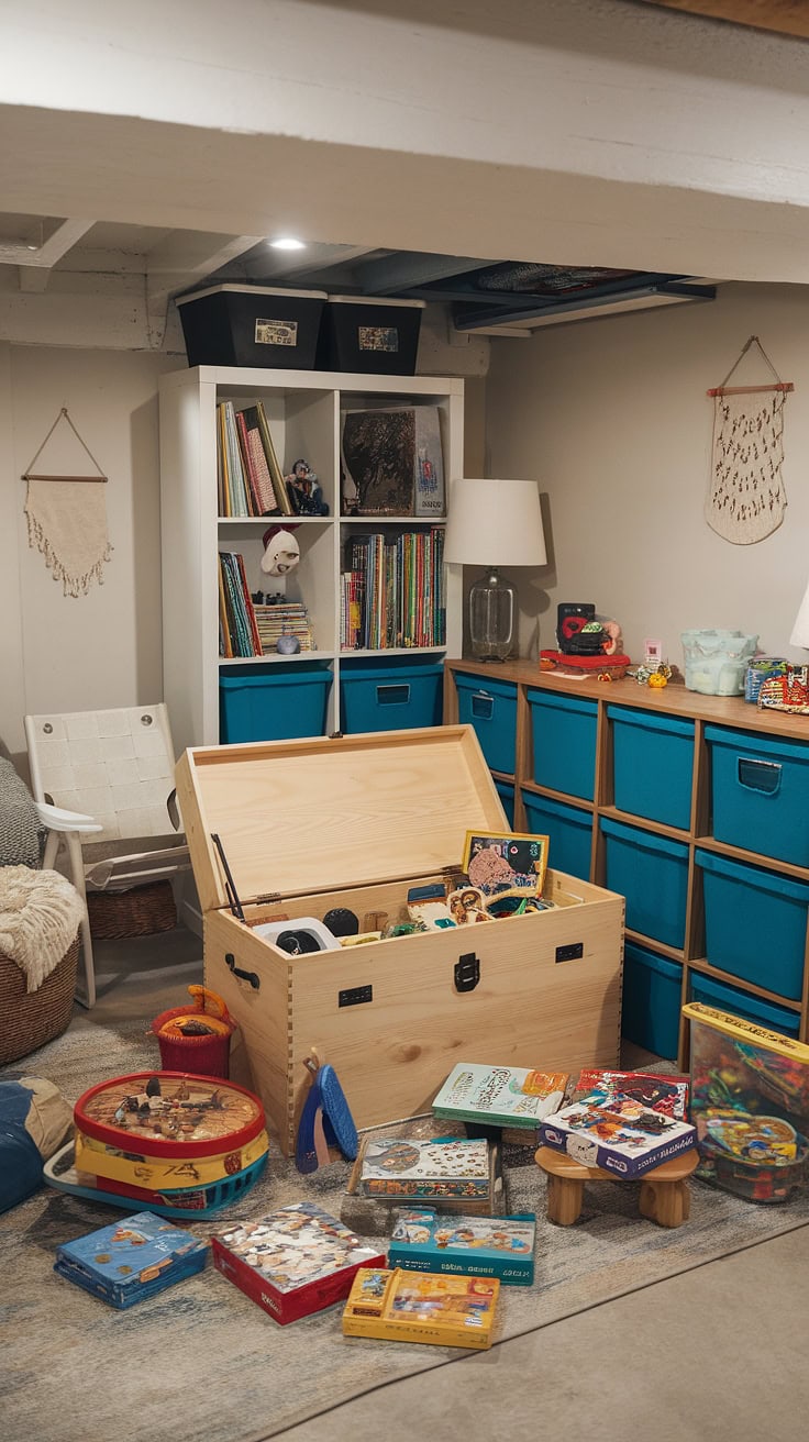 Wooden toy chest and storage bins