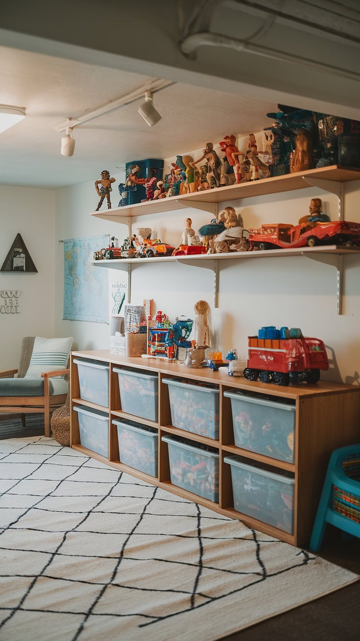 Wooden shelf with toys and bins
