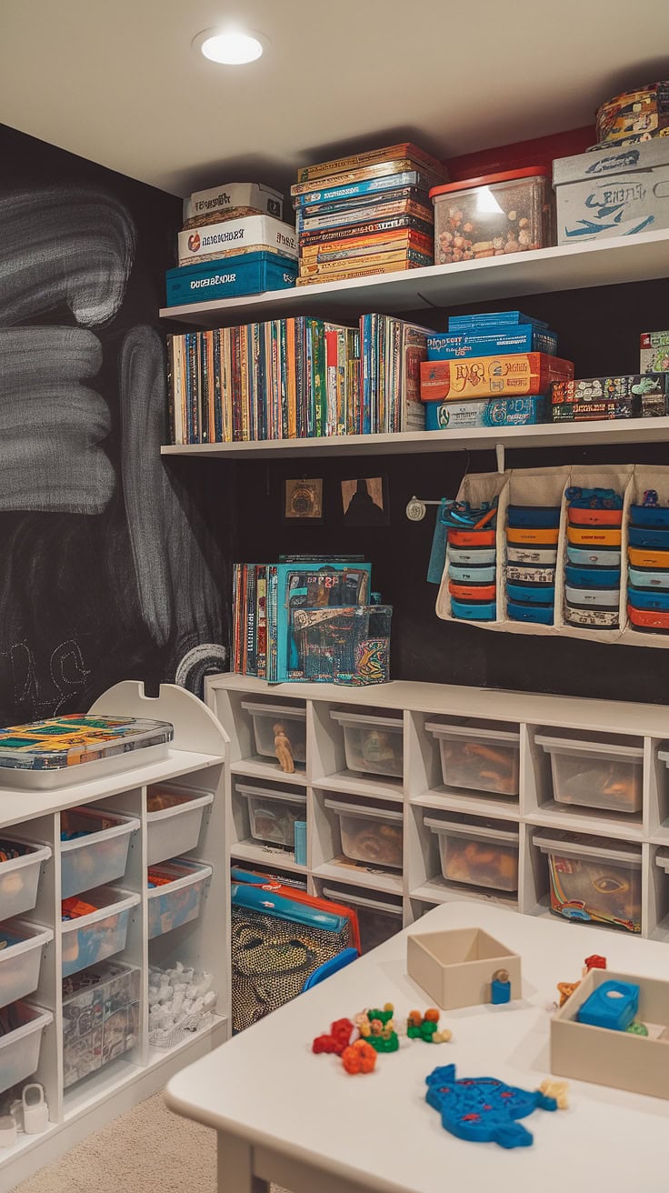 Bright basement playroom with hanging organizer