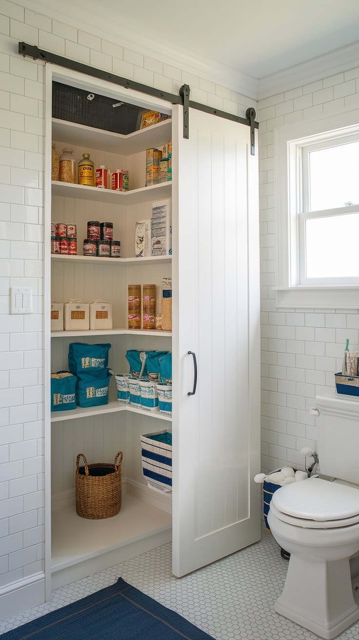 Bathroom with hidden pantry and white wooden door