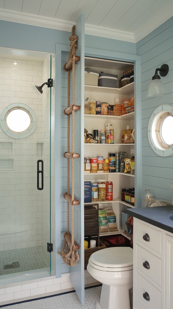 Bathroom with nautical rope accents and wooden ladder
