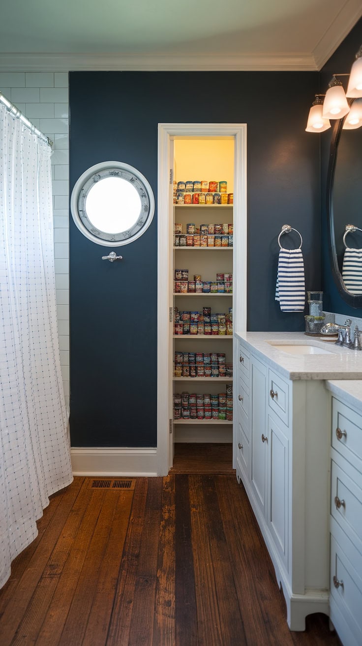 Nautical bathroom with hidden pantry behind porthole window