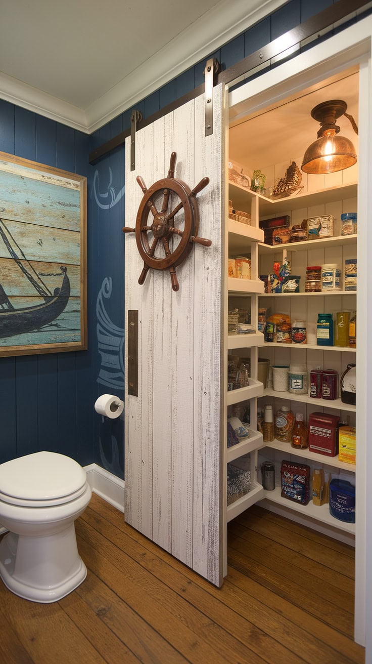 Bathroom with hidden pantry accessed via ship’s wheel door