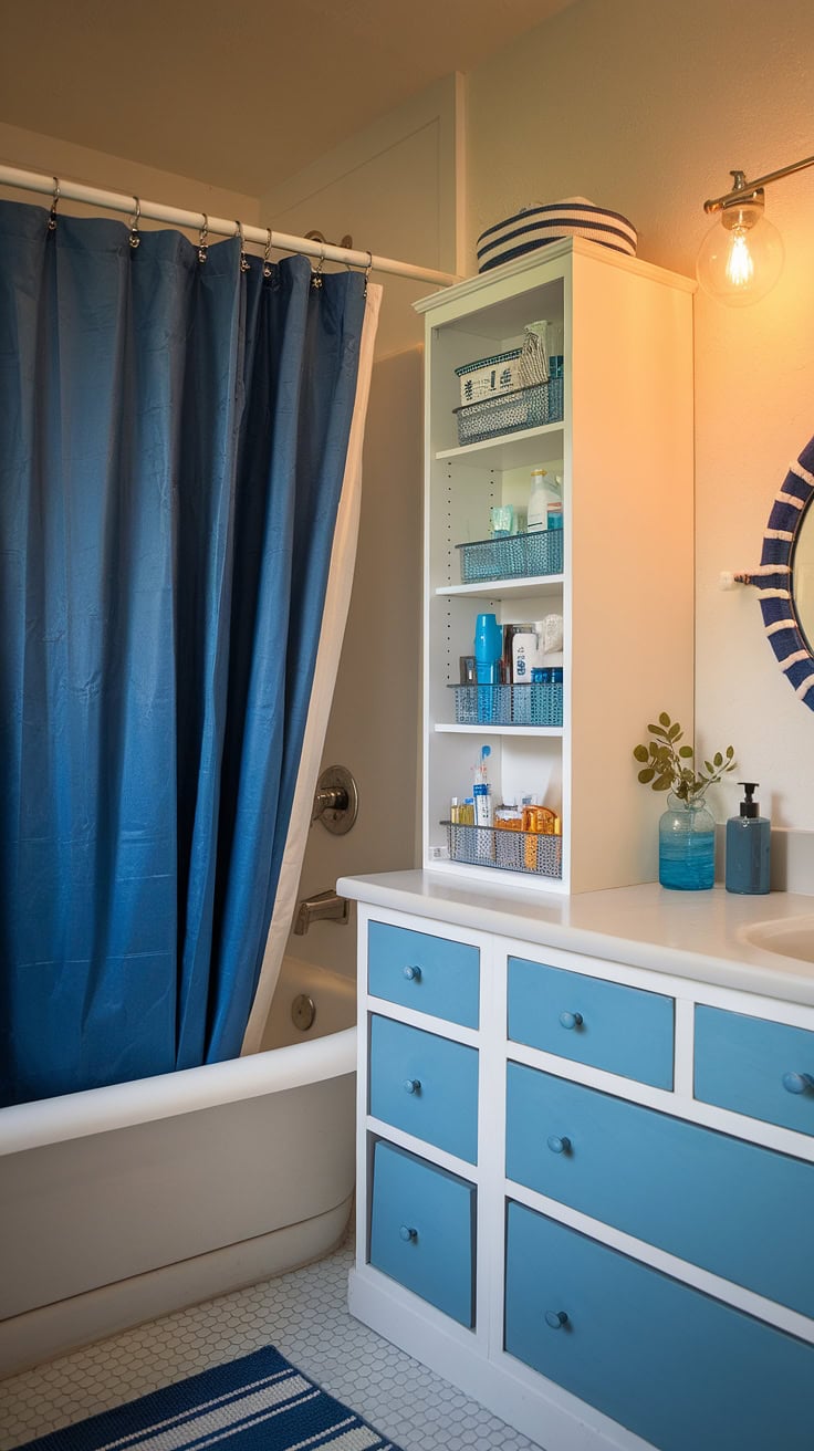 Nautical bathroom with pantry-style cabinet and blue accents