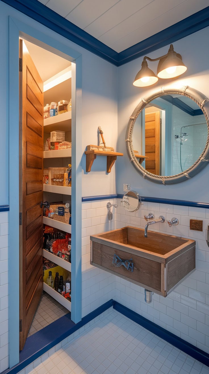 Bathroom with hidden pantry behind wooden panel