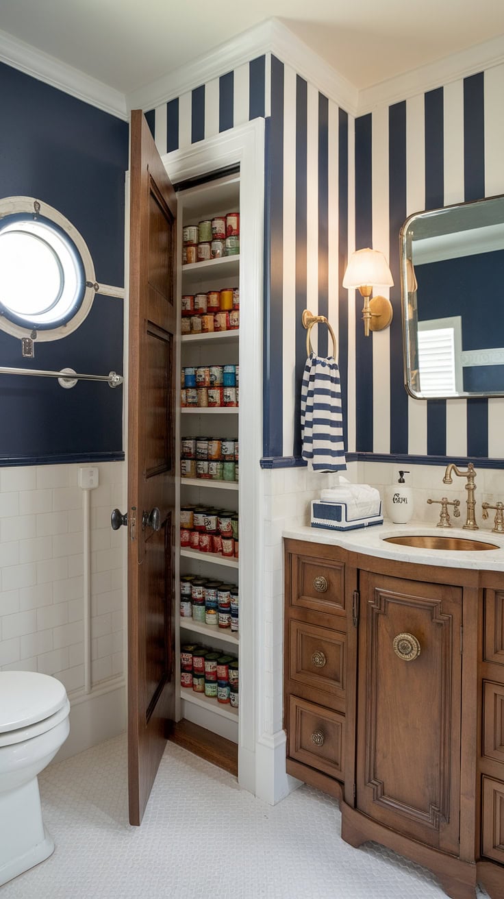 Bathroom with hidden pantry behind bookshelf