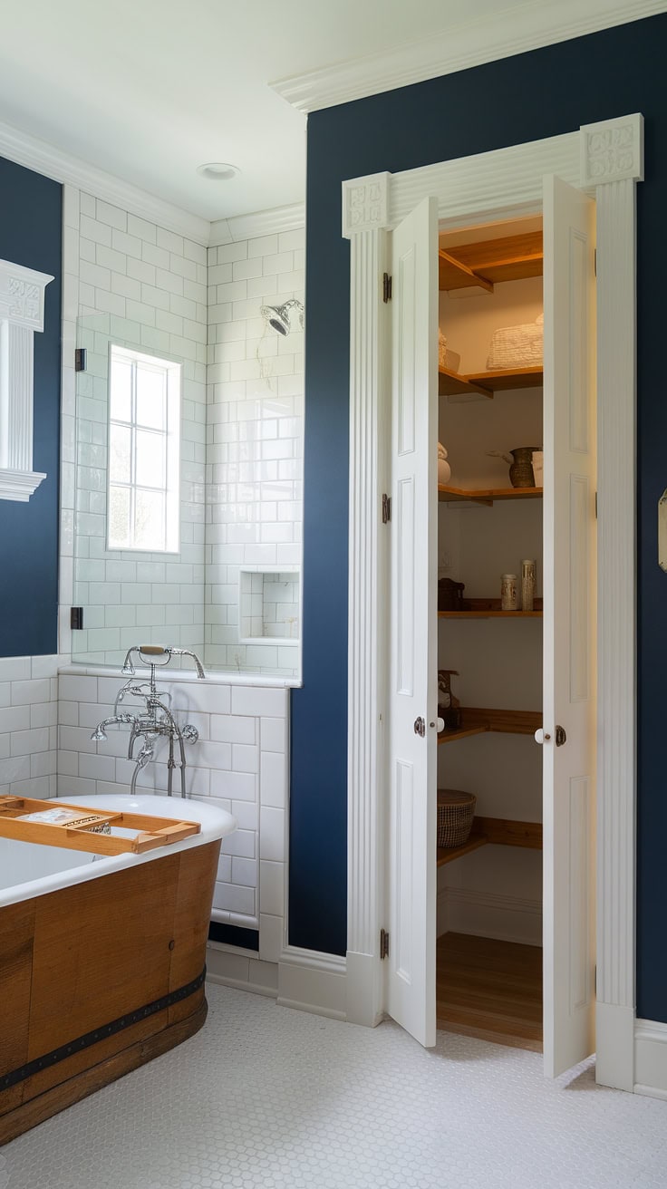 Bathroom with navy walls, wooden bathtub, and hidden pantry