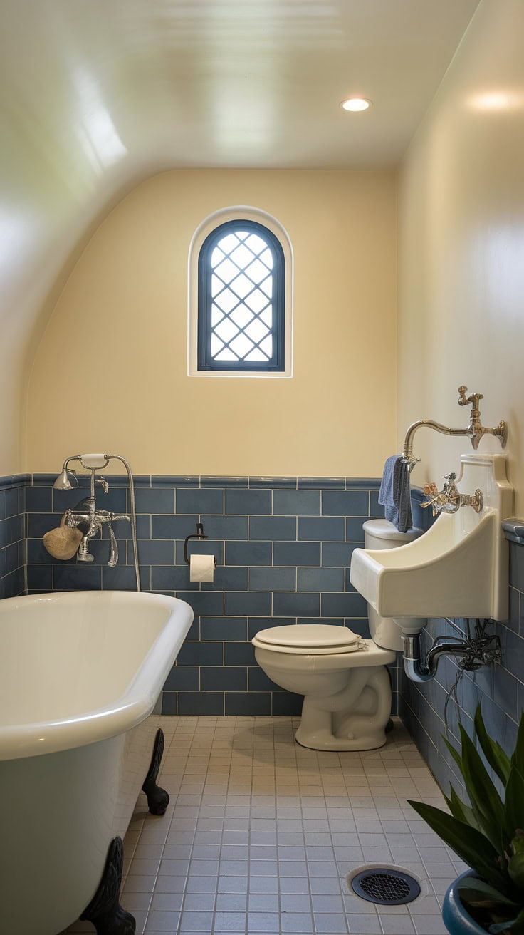 Coastal bathroom with freestanding tub and ship-shaped faucet