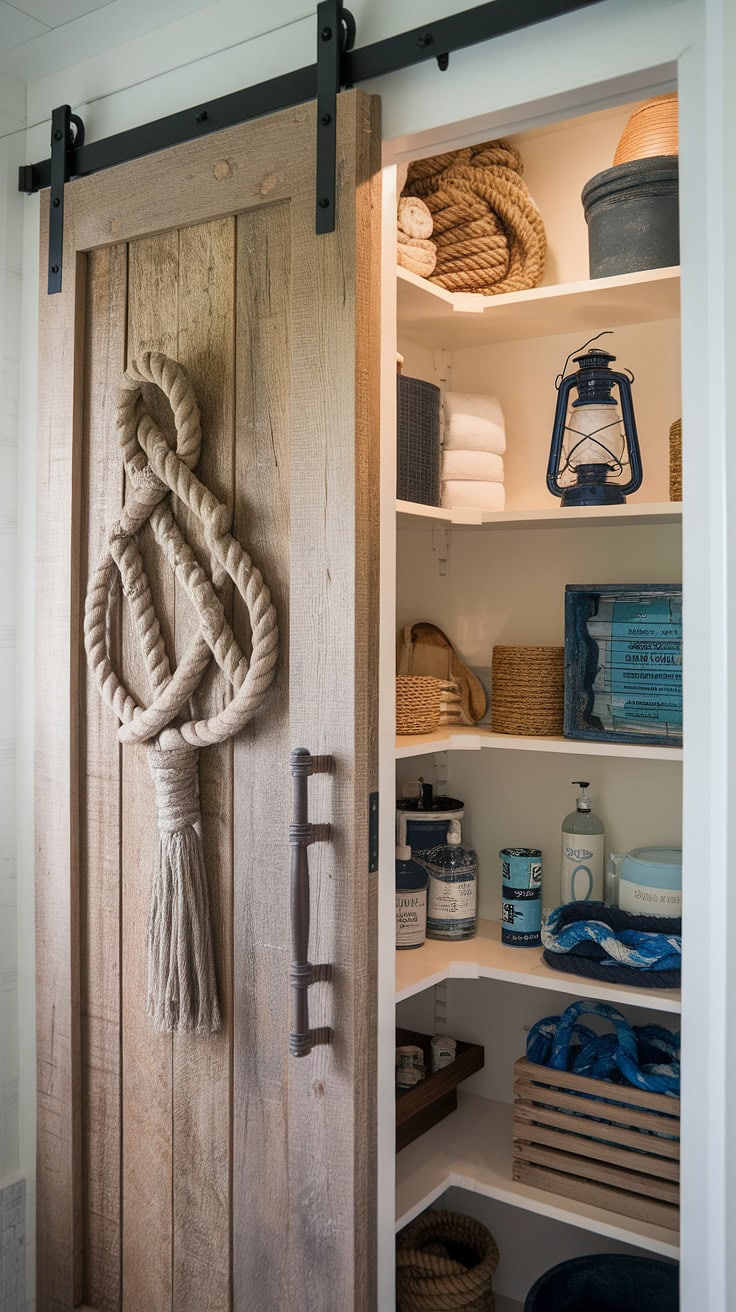 Bathroom with hidden pantry behind knot-adorned door