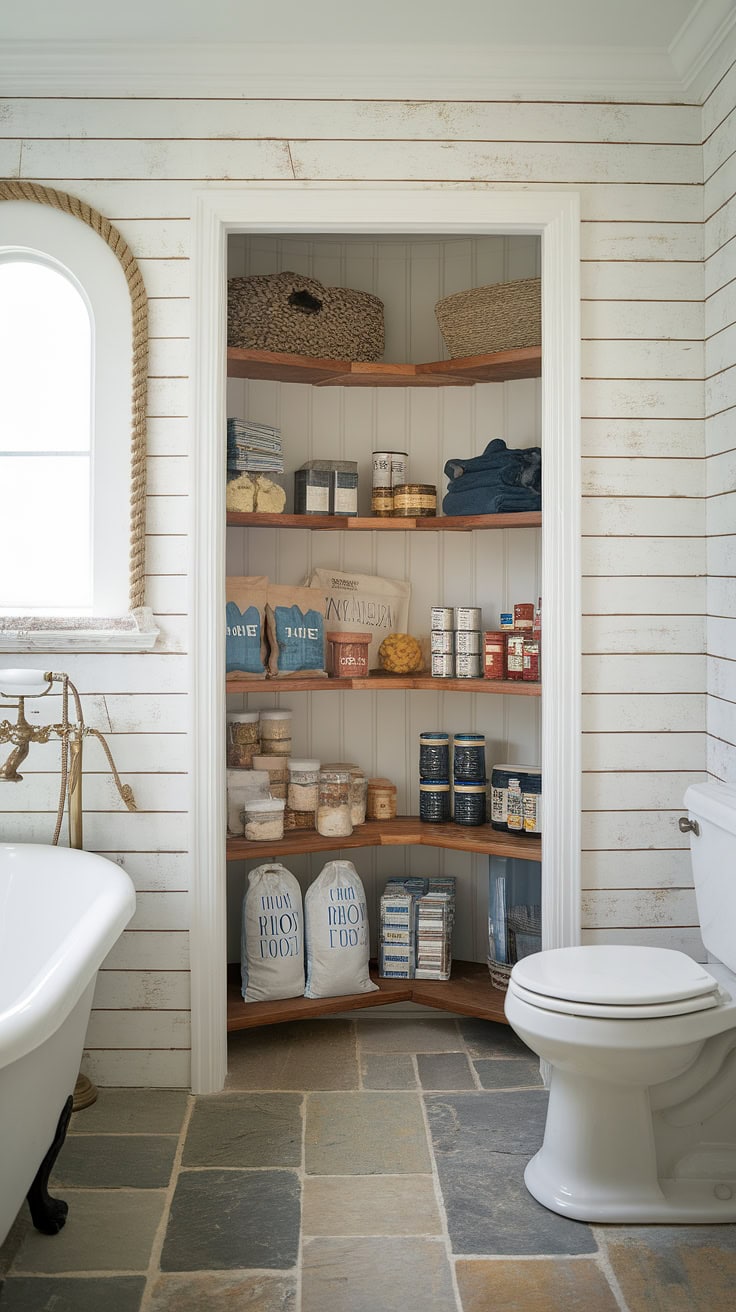 Nautical bathroom with rope accents and whitewashed shelves