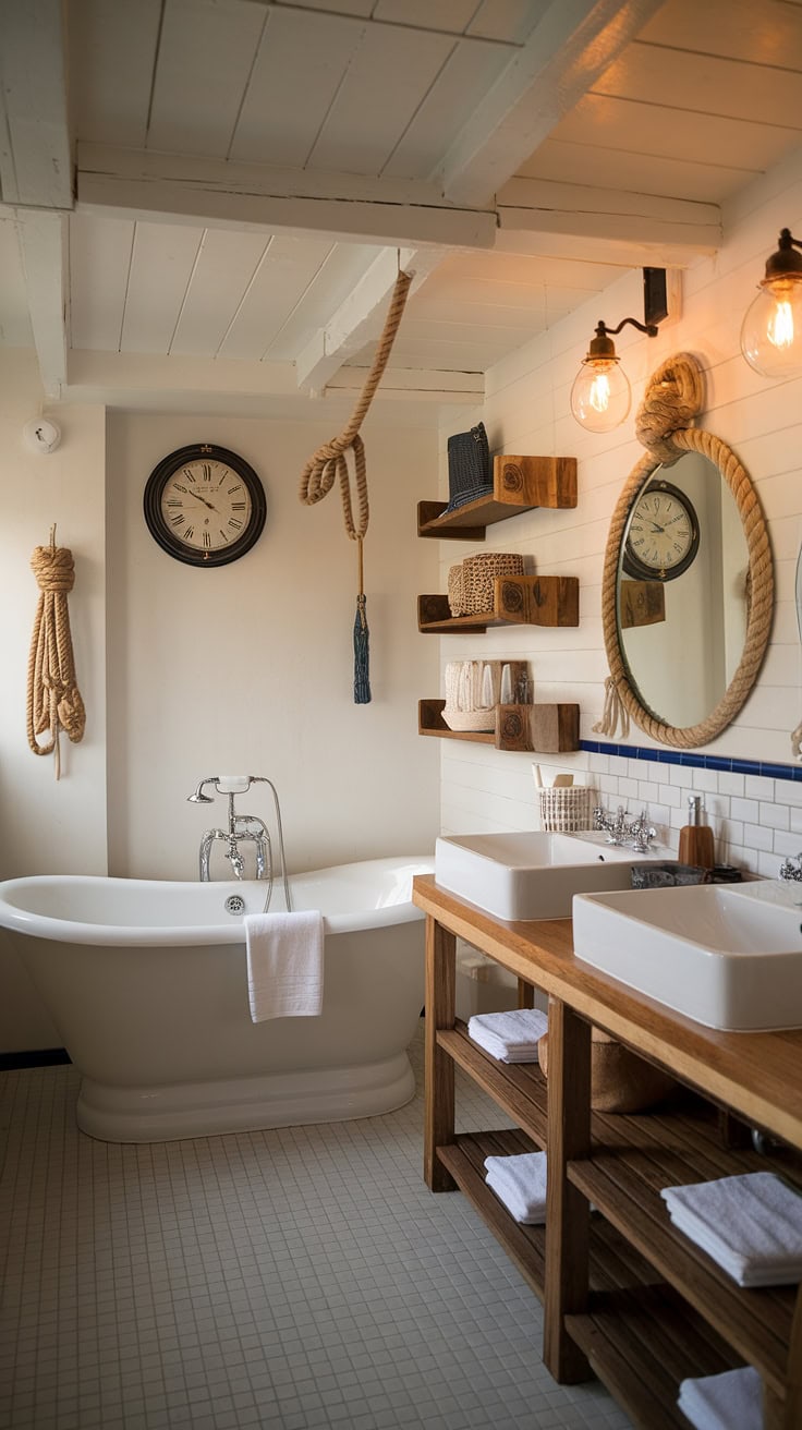 Bathroom with freestanding tub and rope lighting