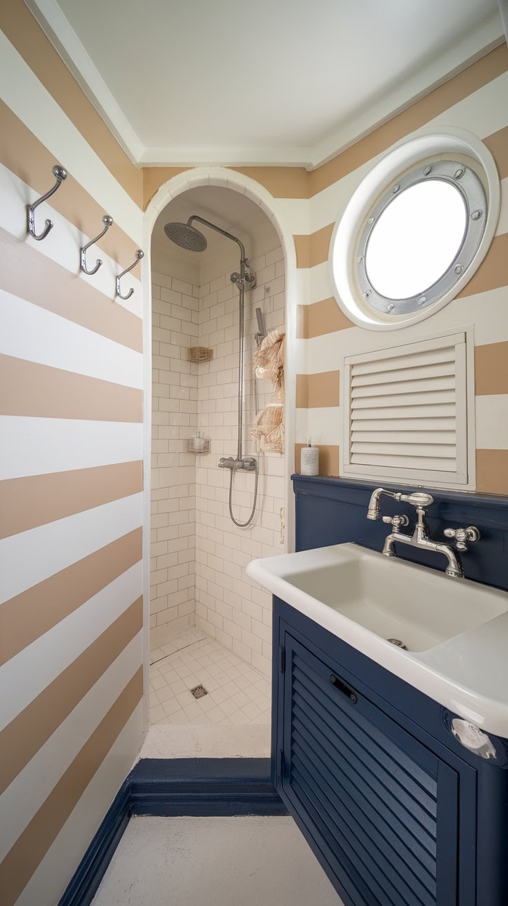 Bathroom with striped walls and porthole window